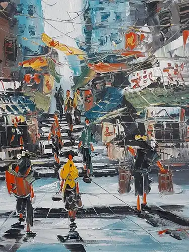 H518-Ölbild-Gemälde-Öl auf Leinen-Bild-Stadtbild-asiatisch-gerahmt-Ölgemälde-