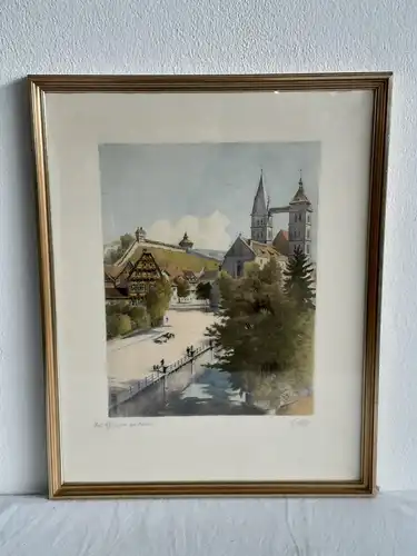 H524-Landschaftsbild-Farbradierung-hinter Glas-gerahmt-Gemälde-Bild-Stadtbild-