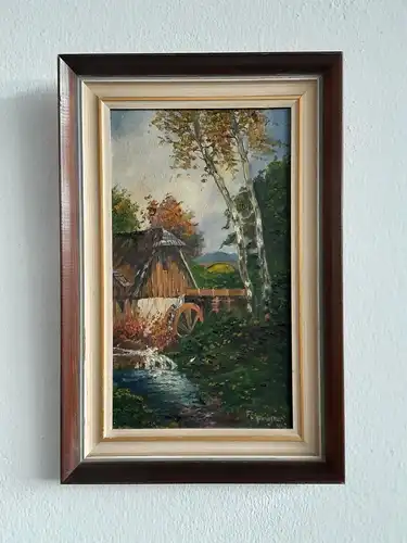 H535-Ölbild-Gemälde-Landschaftsbild-Öl auf Holz-signiert-gerahmt-Mühle-Bach-