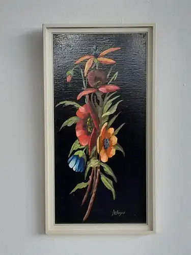 H537-Blumenbild-Gemälde-Öl auf Holz-Bild-gerahmt-monogrammiert-Blumen-