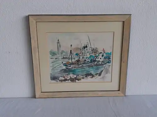 H545-Aquarell-Gemälde-Bild-Boote im Hafen-Passepartout-hinter Glas-signiert-