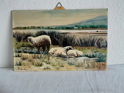 H558-Ölbild-Gemälde-Bild-Ölgemälde-Öl auf Holz-signiert-Schafe auf Kos-datiert-