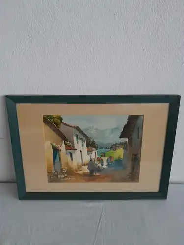 H571-Landschaftsbild-Aquarell-Passepartout-Gemälde-Bild-gerahmt-