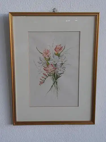 H476-Aquarell-Blumenstrauß-hinter Glas-Bild-Gemälde-auf Papier-Passepartout-