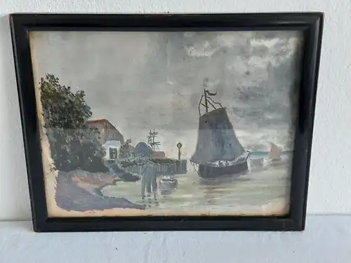H472-Gemälde-Bild-auf Leinen-Fischerdorf am 1900-hinter Glas-gerahmt-