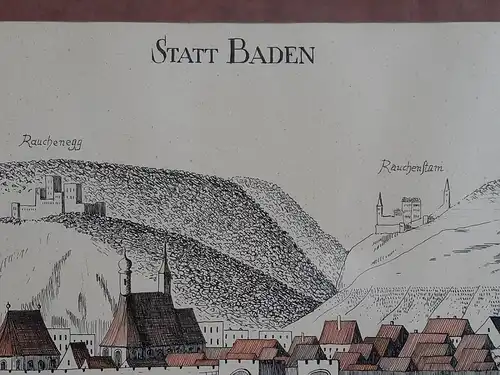 H483-Tuschezeichnung-Stadt Baden-Gemälde-Bild-gerahmt-hinter Glas-Passepartout