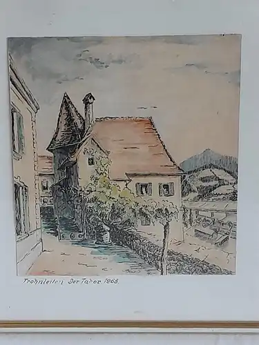 H496-Aquarell-Tusche-Aqaurell-der Tabor 1968-Gemälde-Bild-gerahmt-Passepartout-