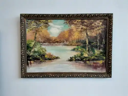 H504-Ölbild-Landschaftsbild-Gemälde-Öl auf Leinwand-Bild-gerahmt-monogrammiert