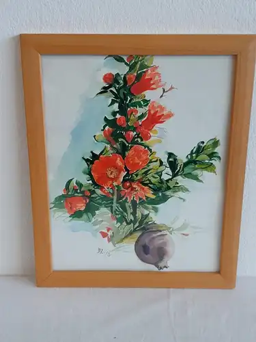 H507-Aquarell-Blumenbild-Gemälde-signiert-gerahmt-monogrammiert-Blumengemälde-