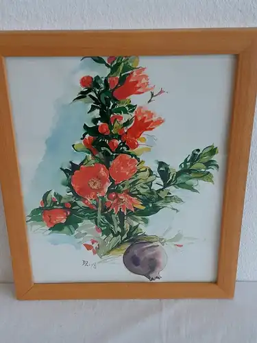 H507-Aquarell-Blumenbild-Gemälde-signiert-gerahmt-monogrammiert-Blumengemälde-