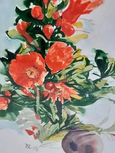 H507-Aquarell-Blumenbild-Gemälde-signiert-gerahmt-monogrammiert-Blumengemälde-