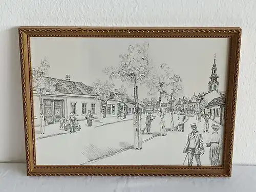 H419-Stadtbild-Gemälde-Bild-Bleistift-Tusche-gerahmt-Schwechater Hauptstraße-