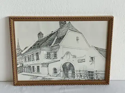 H420-Stadtbild-Gemälde-Bild-Haus in Schwechat-Bleistift-Tusche-gerahmt-