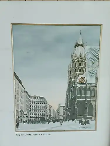 H422-Stadtbild-Gemälde-Farbdruck-Bild-Stephansplatz-Wien-Druck-gerahmt-signiert-