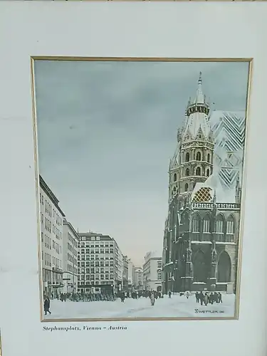 H422-Stadtbild-Gemälde-Farbdruck-Bild-Stephansplatz-Wien-Druck-gerahmt-signiert-