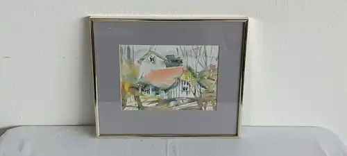 H426-Landschaftsbild-Aquarell-Gemälde-Bild-Passepartout-gerahmt-monogrammiert-