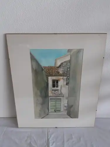 H301-Bild-Gemälde-Altes Dorfhaus-Aquarell-Passepartout-hinter Glas-signiert-