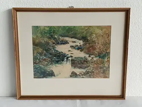 H185-Landschaftsbild-Gemälde-Bild-Fluss-Aquarell-Passepartout-signiert-gerahmt-