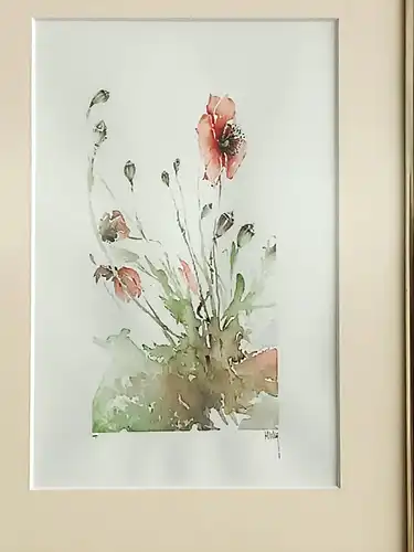 H182-Stillleben-Blumenbild-Gemälde-Bild-Aquarell-Passepartout-signiert-gerahmt-