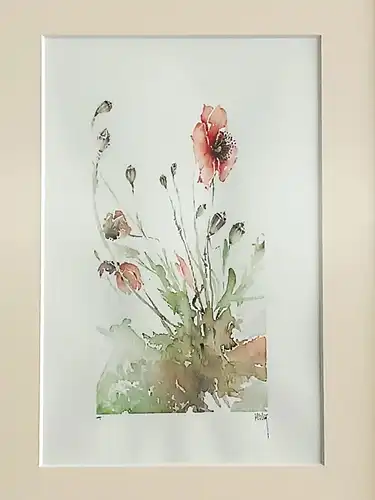 H182-Stillleben-Blumenbild-Gemälde-Bild-Aquarell-Passepartout-signiert-gerahmt-