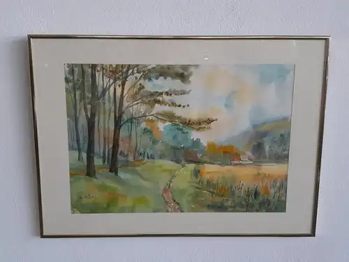 H368-Landschaftsbild-Gemälde-Bild-Aquarell-Passepartout-signiert-gerahmt-