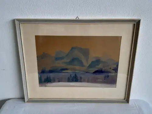 H382-Landschaftsbild-Gemälde-Bild-Aquarell-gerahmt-Passepartout-