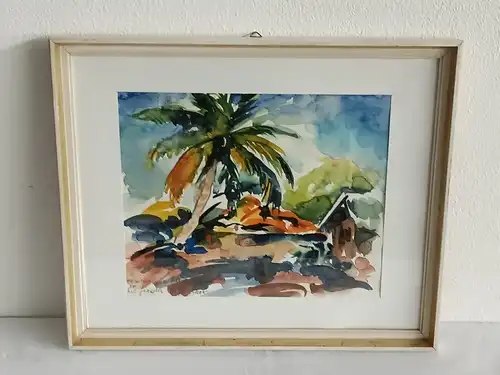 H205-Gemälde-Bild-Mauritius-Aquarell-Passepartout-signiert-gerahmt-datiert-