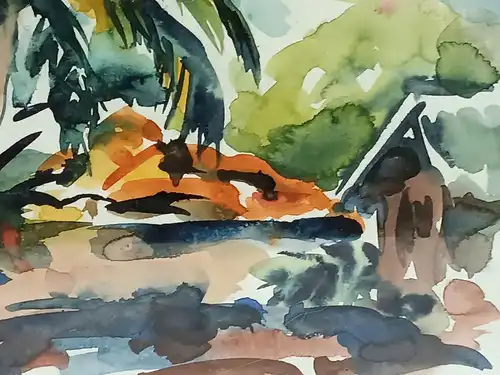 H205-Gemälde-Bild-Mauritius-Aquarell-Passepartout-signiert-gerahmt-datiert-