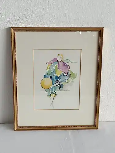 H188-Harlekin-Aquarell-Passepartout-Bild-Gemälde-Passepartout-gerahmt-signiert-