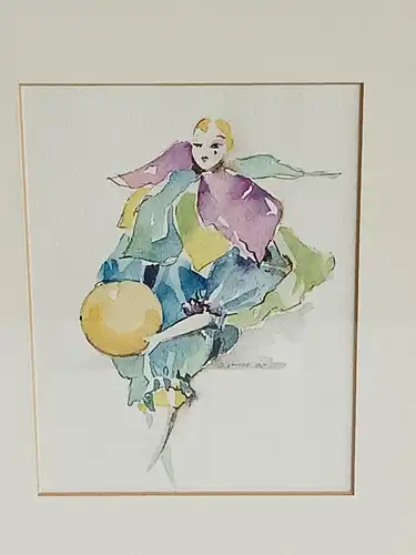 H188-Harlekin-Aquarell-Passepartout-Bild-Gemälde-Passepartout-gerahmt-signiert-