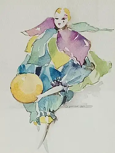 H188-Harlekin-Aquarell-Passepartout-Bild-Gemälde-Passepartout-gerahmt-signiert-