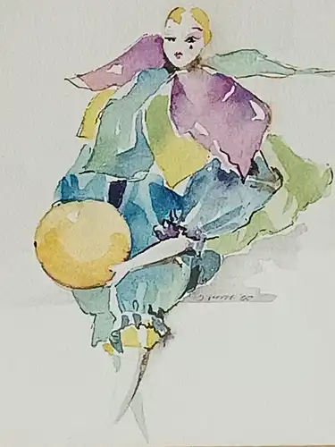 H188-Harlekin-Aquarell-Passepartout-Bild-Gemälde-Passepartout-gerahmt-signiert-