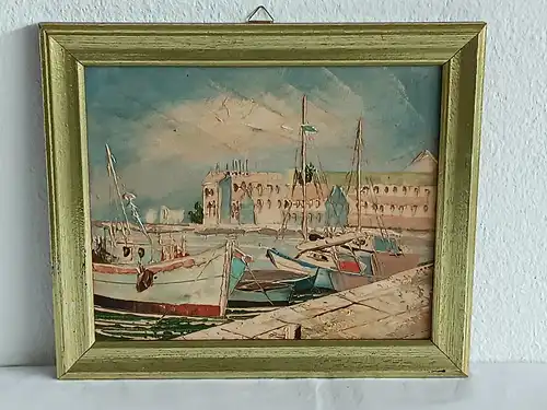 H190-Landschaftsbild-Öl auf Leinen-Ölbild-Gemälde-Bild-Boote im Hafen-gerahmt-