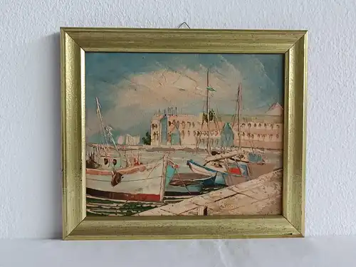 H190-Landschaftsbild-Öl auf Leinen-Ölbild-Gemälde-Bild-Boote im Hafen-gerahmt-
