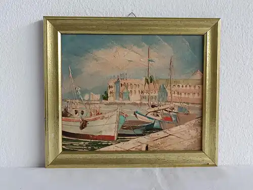 H190-Landschaftsbild-Öl auf Leinen-Ölbild-Gemälde-Bild-Boote im Hafen-gerahmt-