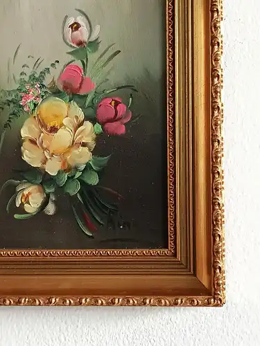 H197-Blumenbild-Öl auf Leinen-Stillleben-Gemälde-Ölbild-signiert-gerahmt-Blumen-