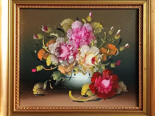 H199-Stillleben-Öl auf Leinen-Blumenbild-Gemälde-Bild-Ölbild-Prunkrahmen-gerahmt