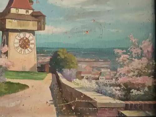 H202-Landschaftsbild-Öl auf Holz-Gemälde-Bild-Uhrturm-signiert-gerahmt-datiert-