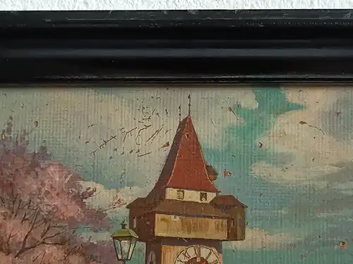 H202-Landschaftsbild-Öl auf Holz-Gemälde-Bild-Uhrturm-signiert-gerahmt-datiert-