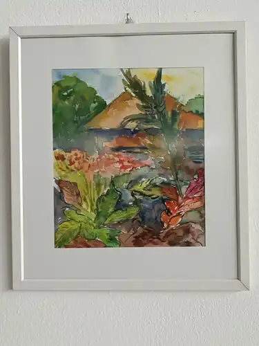 H210-Landschaftsbild-Aquarell-Bild-Gemälde-Passepartout-signiert-gerahmt-