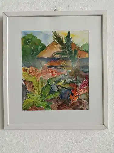 H210-Landschaftsbild-Aquarell-Bild-Gemälde-Passepartout-signiert-gerahmt-