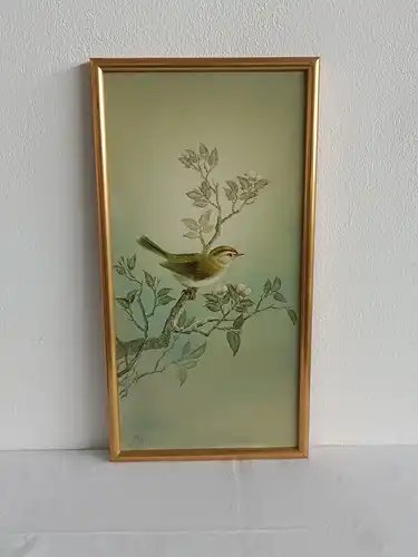 H208-Gemälde-Öldruck auf Leinen-Ölbild-Vogel am Ast-Ölgemälde-gerahmt-Bild