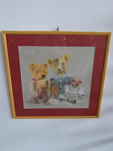 H306-Gemälde-Bild-Bärenfamilie-Malerei-gerahmt-hinter Glas-Mischtechnik-