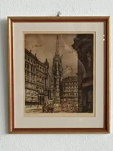 H221-Stadtbild-Bild-Gemälde-Wien-Graben-original-Farbradierung-signiert-gerahmt-