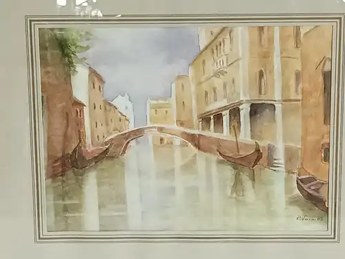 H232-Stadtbild-Gemälde-Bild-Venedig-Aquarell-Passepartout-signiert-gerahmt-
