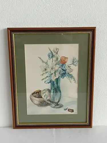 H239-Stillleben-Aquarell-Blumenbild-Vase-Gemälde-Bild-gerahmt-monogrammiert-