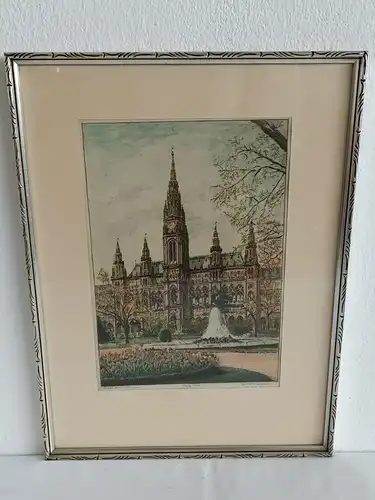 H240-Stadtbild-Wien-Rathaus-Bild-Gemälde-original-Radierung-signiert-gerahmt-