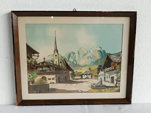 H243-Gemälde-Bild-Dorfplatz-Aquarell-Passepartout-signiert-gerahmt-hinter Glas-