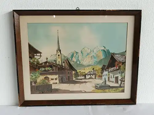 H243-Gemälde-Bild-Dorfplatz-Aquarell-Passepartout-signiert-gerahmt-hinter Glas-