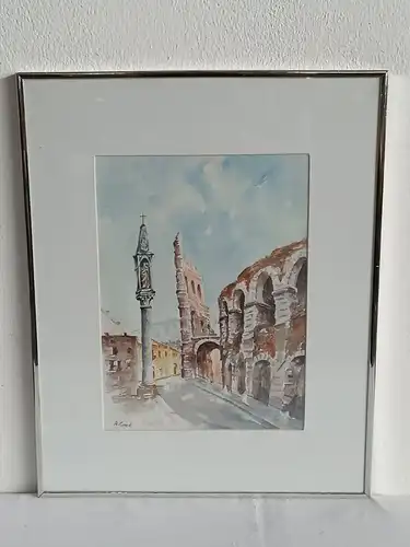 H247-Stadtbild-Ruine-Aquarell-Bild-Gemälde-signiert-gerahmt-